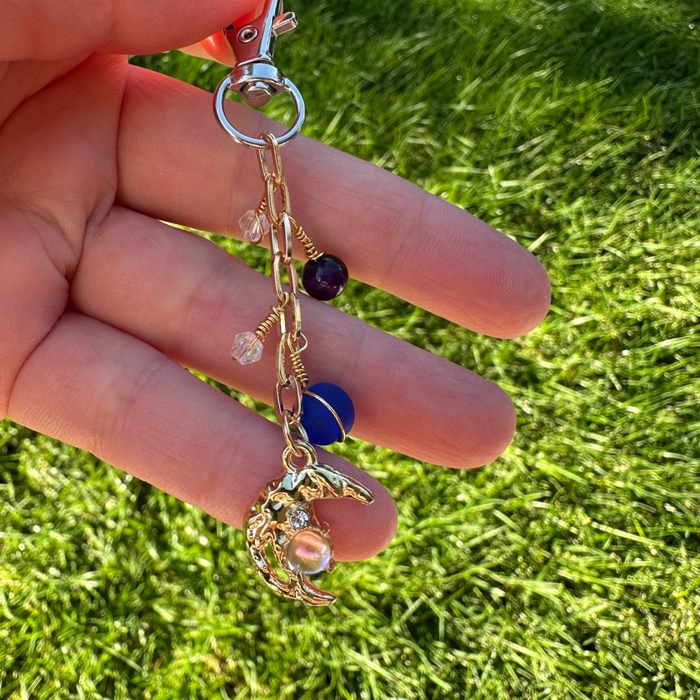 Gold Moon Charm Keychain with Beads